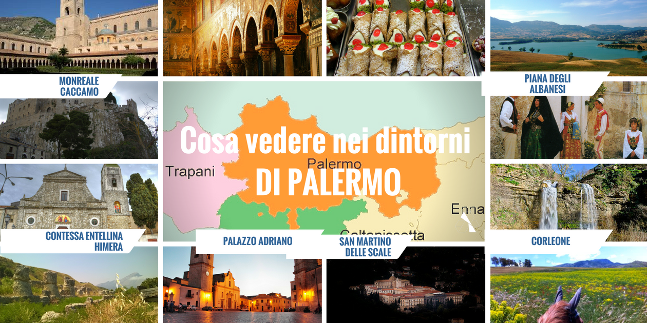 Questa immagine mostra alcuni luoghi di interesse turistico e cosa visitare nei dintorni di Palermo