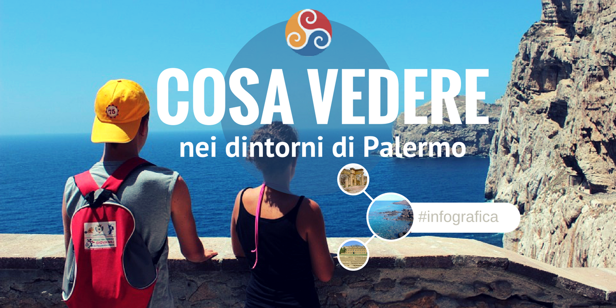 Questa immagine è la copertina di un articolo dal titolo Cose da vedere vicino Palermo - Infografica 2 di 3 e mostra due bimbi affacciati sul mare di Palermo da un balcone in pietra. 