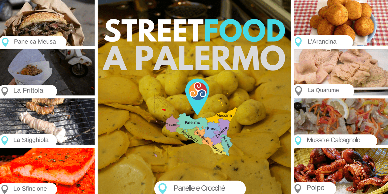 Questa immagine raccoglie le fotografie del cibo di strada che trovi a Palermo.