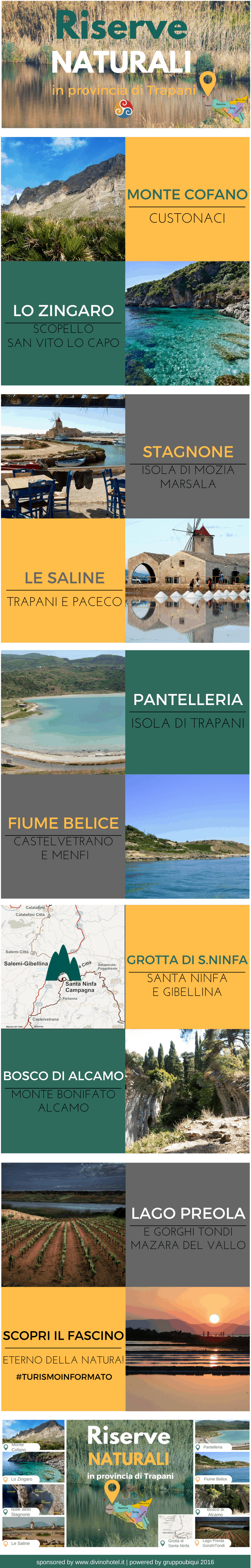 In questa infografica sono inserite le foto e le immagini di tutte le più belle riserve naturali nella Sicilia occidentale.